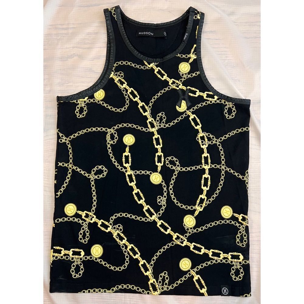 Hudson Women’s Black Yellow Racer Back Tank Top Chain Pendant Design Size Small